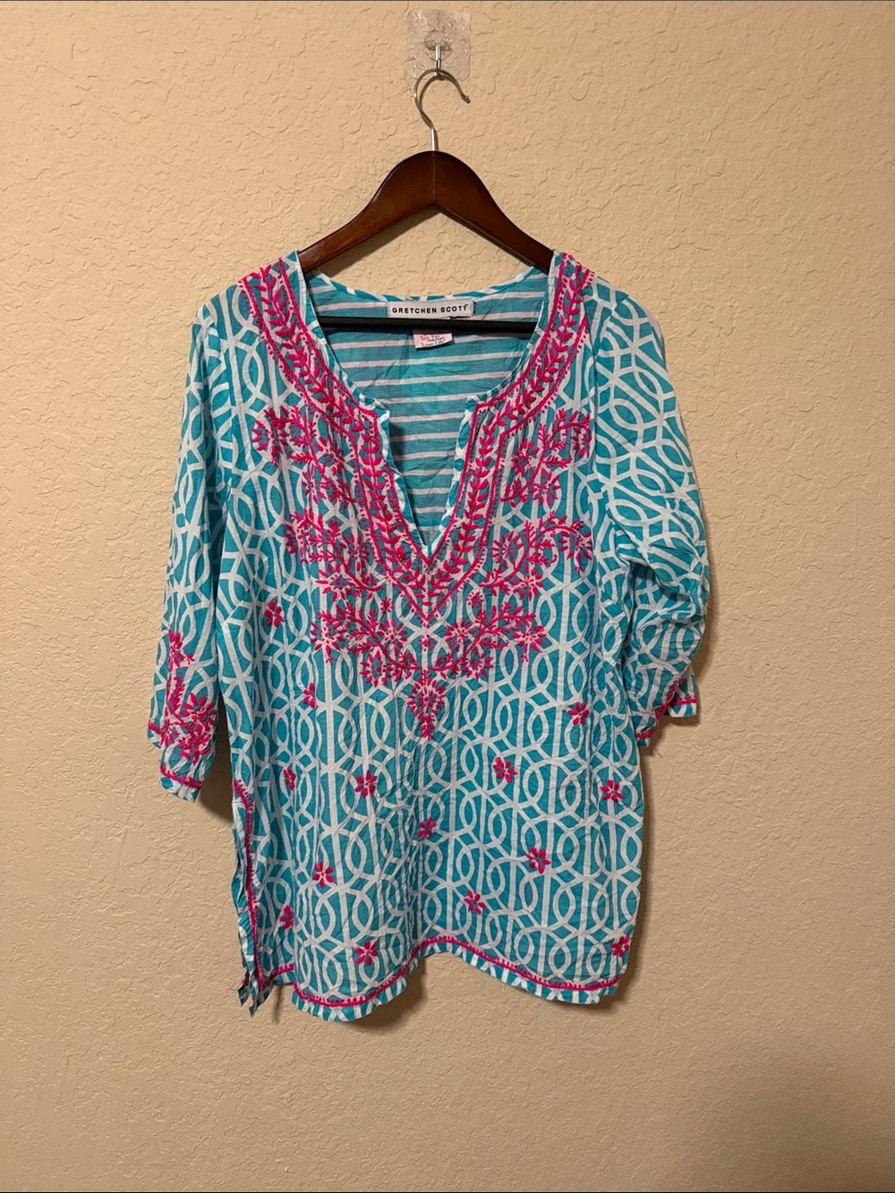 Gretchen Scott Designs Teal and White Striped Tunic